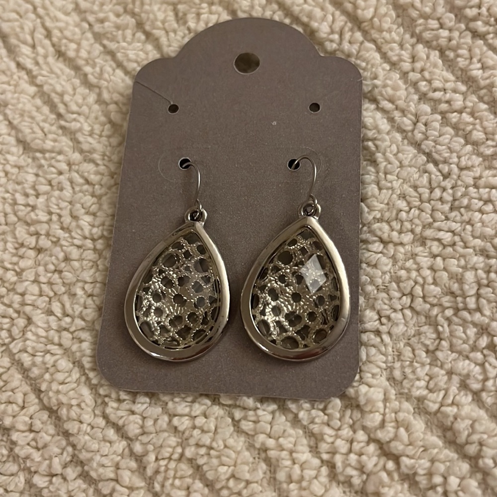 Silver Teardrop Earrings with Unique Swirly Design on Clear Gemstone Gift
